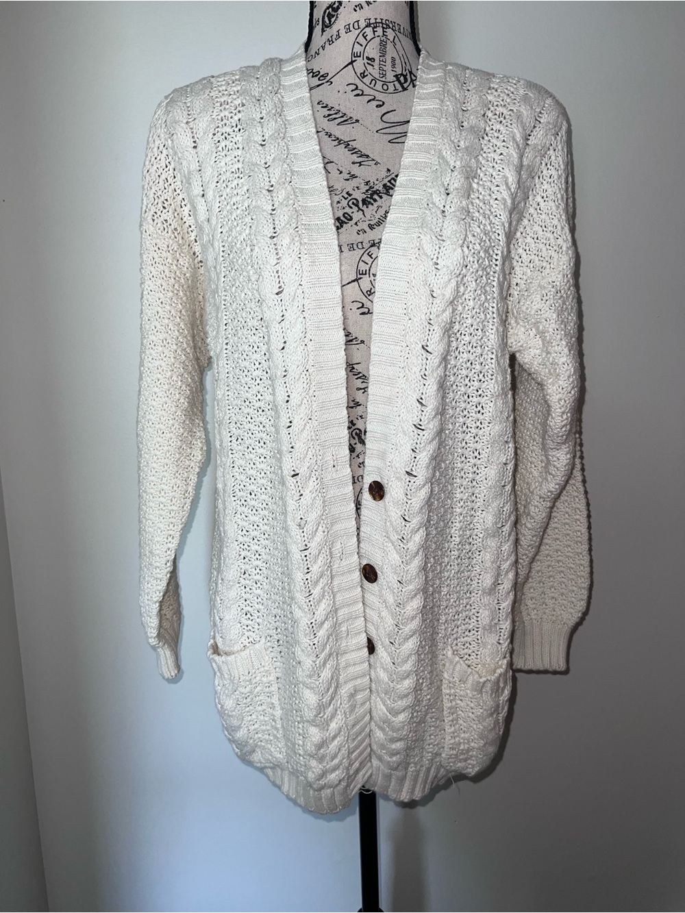 Vintage Hunters Run Cream Cable Knit Cardigan Sweater Ramie Cotton Large